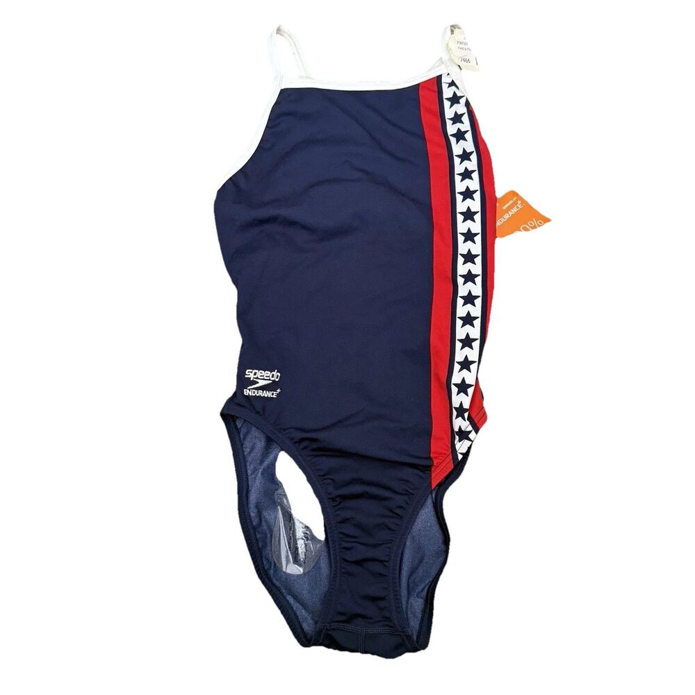 Speedo Endurance+ Super Pro Swimsuit Womens 26 Navy Stars Stripes One Piece